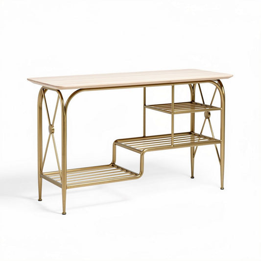 Tavolo da ingresso in metallo dorato con mensole in legno 120 x 40 x 75cm